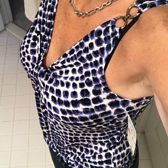 NWOT Michael Kors Top Blue, black, white animal print size PS shoulder chain - Picture 8 of 10